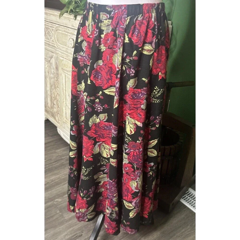 Vtg 90s Black Maxi Skirt W Red Roses Grunge Whimsy 90s Goth Size 1X